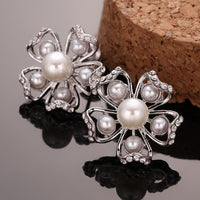 Rose Gold Platinum Plated Earrings Pearl AAA Zirconia Push Back Flower .76" L326
