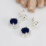 Sterling Silver Plated Blue Earrings Drop Dangle AAA Zirconia Push Back .4" L352