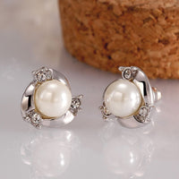 Rose Gold Platinum Plated  Earrings Stud Pearl AAA Zirconia Push Back .4" L260