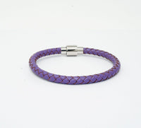 Unisex Men's Genuine  Leather Stainless Steel Magnetic Clasp Bracelet Purple