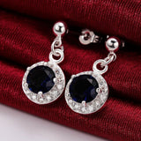 Sterling Silver Plated Blue Earrings Drop Dangle AAA Zirconia Push Back .4" L352