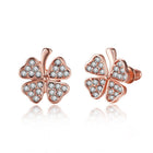 Rose Gold Platinum Plated  Earrings Stud AAA Zirconia Push Back Clover .48" L251