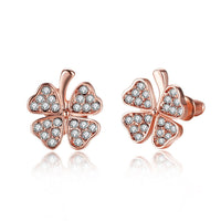 Rose Gold Platinum Plated  Earrings Stud AAA Zirconia Push Back Clover .48" L251