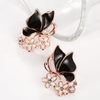 Rose Gold Platinum Plated Black Earrings Zirconia Push Back Butterfly .68" L303