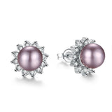 Platinum Plated Purple Fuchsia Earrings Stud Synthetic Pearl Push Back l165
