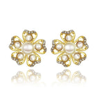 Rose Gold Platinum Plated Earrings Pearl AAA Zirconia Push Back Flower .76" L326