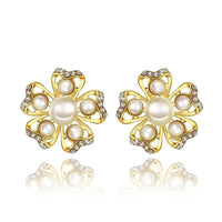 Rose Gold Platinum Plated Earrings Pearl AAA Zirconia Push Back Flower .76" L326