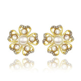 Rose Gold Platinum Plated Earrings Pearl AAA Zirconia Push Back Flower .76" L326