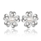 Rose Gold Platinum Plated Earrings Pearl AAA Zirconia Push Back Flower .76" L326