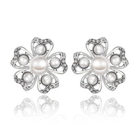 Rose Gold Platinum Plated Earrings Pearl AAA Zirconia Push Back Flower .76" L326