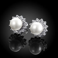 Platinum Plated Purple Fuchsia Earrings Stud Synthetic Pearl Push Back l165
