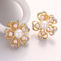 Rose Gold Platinum Plated Earrings Pearl AAA Zirconia Push Back Flower .76" L326