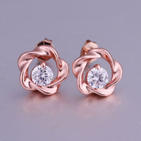 Rose Gold Platinum Plated Earrings Stud AAA Zirconia Push Back Rose .44" L283