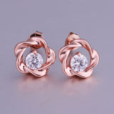 Rose Gold Platinum Plated Earrings Stud AAA Zirconia Push Back Rose .44" L283
