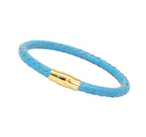 Unisex Men's Genuine  Leather Stainless Steel Magnetic Clasp Bracelet Light Blue