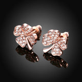 Rose Gold Platinum Plated  Earrings Stud AAA Zirconia Push Back Clover .48" L251