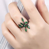 Gold Plated Black Gunmetal P Fashion Ring Green AAA Zirconia Women Leaves B316