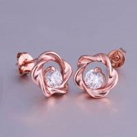 Rose Gold Platinum Plated Earrings Stud AAA Zirconia Push Back Rose .44" L283