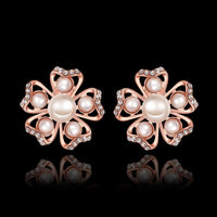 Rose Gold Platinum Plated Earrings Pearl AAA Zirconia Push Back Flower .76" L326