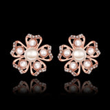 Rose Gold Platinum Plated Earrings Pearl AAA Zirconia Push Back Flower .76" L326