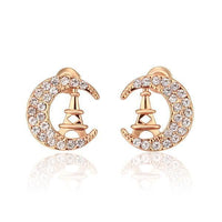 Rose Gold Platinum Plated Earrings Stud AAA Zirconia Push Back Moon .48" L311