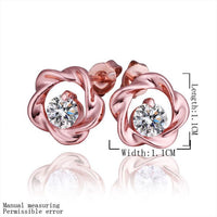 Rose Gold Platinum Plated Earrings Stud AAA Zirconia Push Back Rose .44" L283