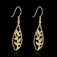 Gold/Rose Gold Plated Earrings Drop Dangle AAA Zirconia FishHook Leaf.4"L227