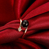 Gold Plated Solitaire Ring Black Glass Pearl For Women B160