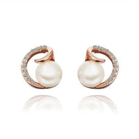 Rose Gold Platinum Plated Earrings Stud Pearl AAA Zirconia Push Back .64" L295