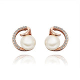 Rose Gold Platinum Plated Earrings Stud Pearl AAA Zirconia Push Back .64" L295