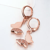 Rose Gold Plated Earrings Drop Dangle AAA Zirconia Leverback Butterfly .6" L231
