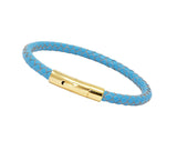 Unisex Men's Genuine  Leather Stainless Steel Magnetic Clasp Bracelet Light Blue