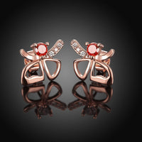 Rose Gold Platinum Plated Red Earrings Stud AAA Zirconia Push Back Bow .44" L233