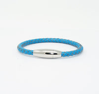 Unisex Men's Genuine  Leather Stainless Steel Magnetic Clasp Bracelet Light Blue