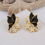 Rose Gold Platinum Plated Black Earrings Zirconia Push Back Butterfly .68" L303